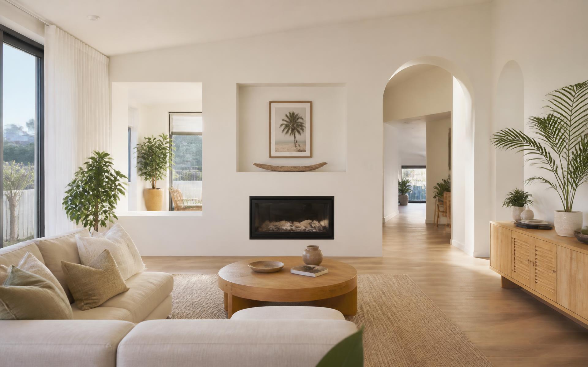 Spotless luxury Perth living room with warm cream walls, oak floors and natural light